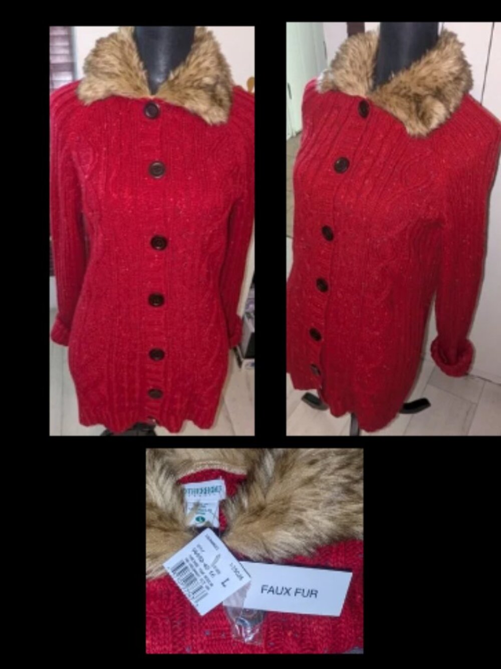 NWT Motherhood Maternity Cardigan Sweater Red Cable Knit Faux Fur Collar Sz L